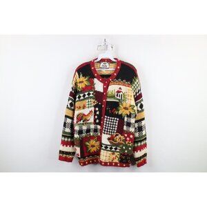 Vintage Y2K 2000 Womens Medium Farmhouse Country Flower Chicken Cardigan Sweater